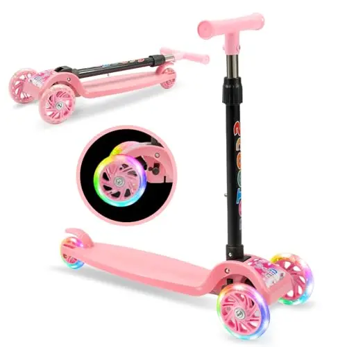 ARATERVIO Faltbarer Kinderscooter mit LED-Leuchträdern, höhenverstellbar, 3-Rad, für Jungen & Mädchen, stabiler Tretroller