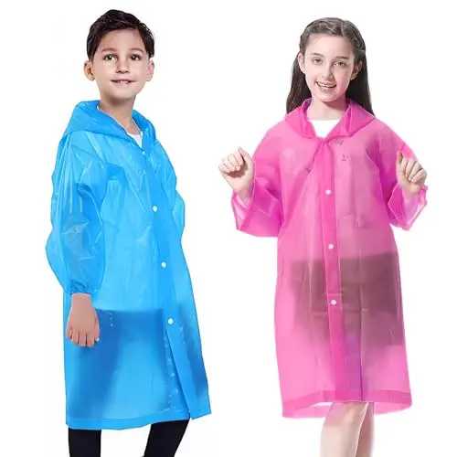 2er-Set Kinder-Regenponchos wasserdicht, atmungsaktiv, mit Kapuze, geeignet für Mädchen und Jungen bei Reisen, Wandern, Camping oder Radfahren (Blau + Rosa)