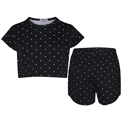 A2Z 4 Kids Mädchen Polka Dot Sommer Outfit - Crop Top & Shorts Schwarz (7-8 Jahre)