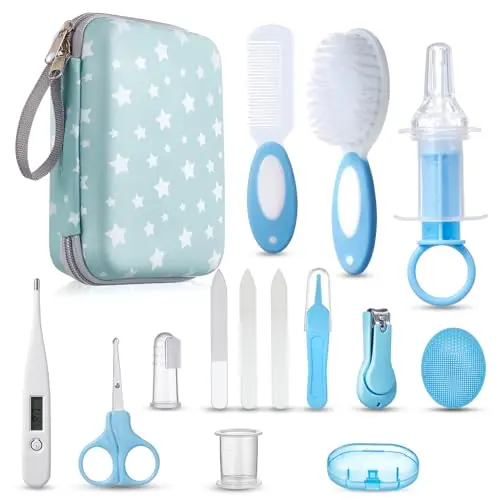 Lictin 15-teiliges Baby Pflegeset für Neugeborene - Thermometer, Nagelscheren, Bürste und Kamm (Hellblau)