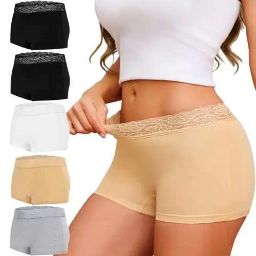 Leversic Damen Boxer-Shorts, 5er Mehrpack (Schwarz, Beige, Grau, Weiß), Bequeme Baumwoll-Hipster-Unterwäsche, S