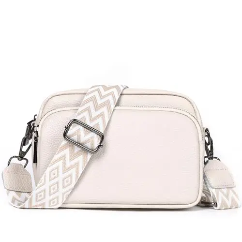 TANTOMI Damen Umhängetasche aus echtem Leder, moderne Crossbody Bag mit breitem Schultergurt für Alltag, Reisen und Einkaufen