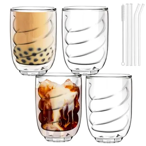 Talifoca 4er-Set Trinkgläser mit Glasstrohhalmen, 350ml - Ideal für Cocktails, Wasser und Limonade