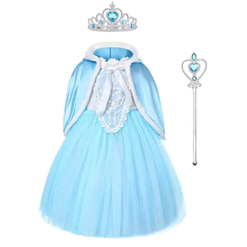Mädchen Elsa Kostüm mit Umhang, Prinzessin Kleid für Kinder, Party & Halloween, inkl. Krone & Zauberstab