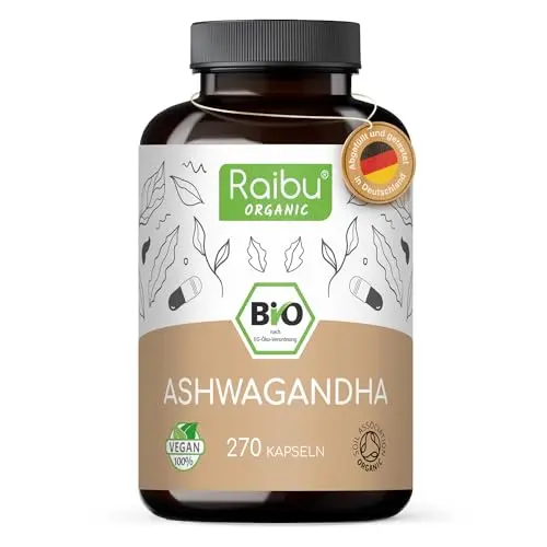 Hochdosierte BIO Ashwagandha Kapseln - 270 Kapseln, 2400 mg Tagesdosis, ohne Zusätze, aus deutscher Produktion