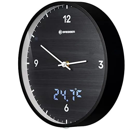 Bresser MyTime Funk-Wanduhr 24 cm mit geräuschlosem Uhrwerk und LED Sekundenanzeige, Schwarz