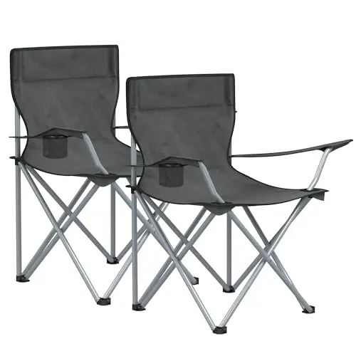 SONGMICS Klappstuhl 2er Set für Camping und Garten, tragbar mit Armlehnen und Getränkehalter, bis 120 kg, schiefergrau