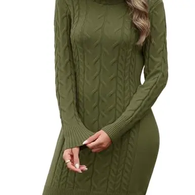 PASUDA Damen Strickkleid Winter Rollkragen Pulloverkleid Langarm Armeegrün (S)