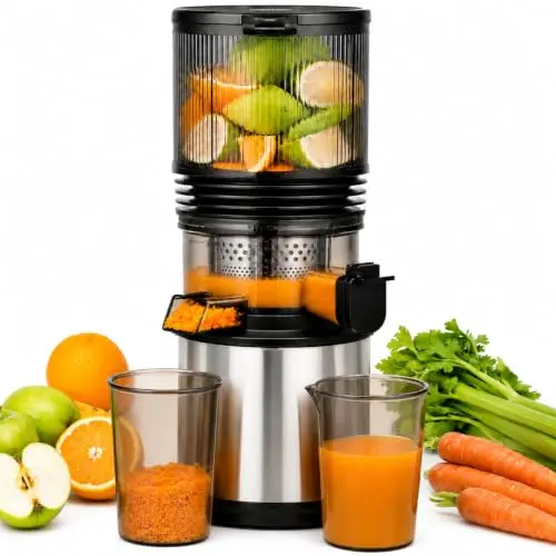 AMZCHEF Slow Juicer Entsafter mit 158 mm Einfüllschacht, hoher Saftausbeute, leicht zu reinigen, Silber/Schwarz