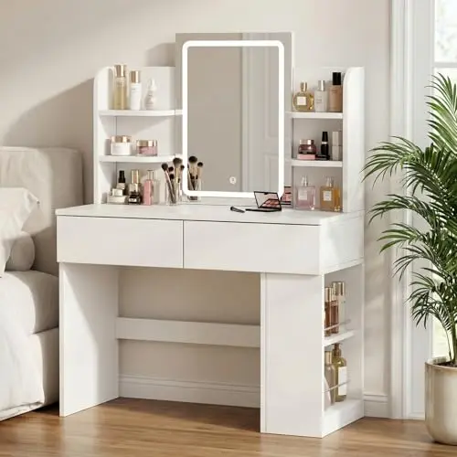 JUMMICO Schminktisch mit Spiegel, LED-Beleuchtung, 2 Schubladen und seitlichem Schrank, weiß, 135x90x40 cm