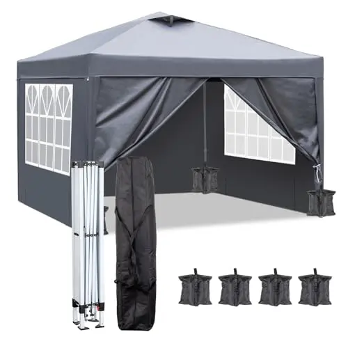 TactFire 3x3m Pop-Up Pavillon, wasserdicht, winterfest, höhenverstellbar, mit 4 Seitenwänden & Sandsäcken, für Garten & Camping