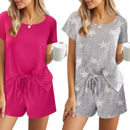 Ekouaer Damen Kurzpyjama Set, 2-teilig, Magenta mit Stern, mit Kordelzug, kurzarm, komfortabel, Größe S