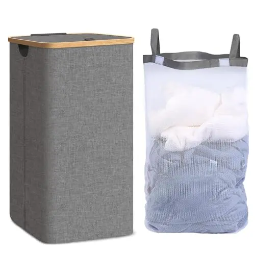 AIKVIGSS Wäschekorb 100L mit Deckel, faltbar und waschbar, für Waschküche und Schlafzimmer (Grau)