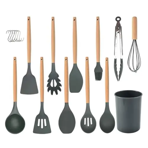 12-teiliges Silikon-Küchenhelfer-Set mit Holzgriffen - hitzebeständig und antihaftbeschichtet (Grau)