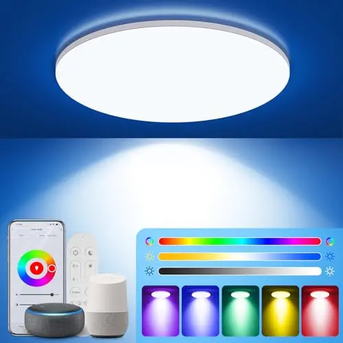 KingMile 24W RGB LED Deckenlampe mit Fernbedienung, dimmbar und App-Steuerung, Musik-Synchronisation, kompatibel mit Alexa und Google Assistant