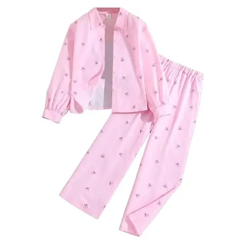 JiAmy Mädchen 2-teiliges Outfit: Knopfhemd & Weite Hose für 7-12 Jahre