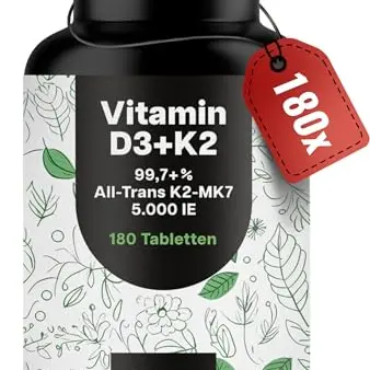 Vitamin D3 K2 5000 IE hochdosiert – 180 Tabletten – Premium K2-MK7, Laborgeprüft, Made in Germany