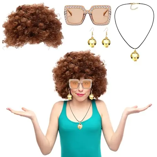 Bseical Karneval Kostüm Afro Perücke mit Ohrringen und Halskette - 70er 80er Jahre Outfit für Fasching