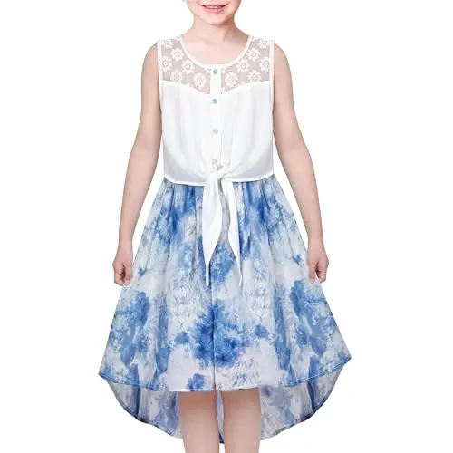 Sunny Fashion Mädchen Kleid Chiffon Blau mit Blumen, Hoch-Tief, Prinzessin, Größe 134