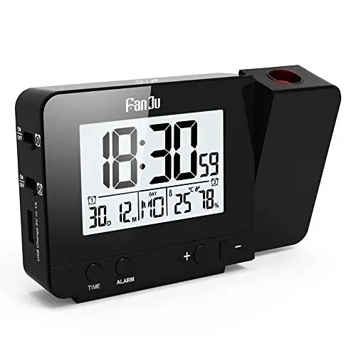 FanJu FJ3531B Projektionswecker mit Temperatur und Luftfeuchtigkeit, USB-Anschluss, DCF automatische Zeitanpassung