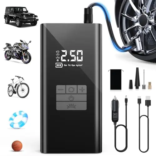 DIHOOM Elektrische Fahrradpumpe mit 4 Modi, 45L/min, Power Bank & LED, ideal für Autos, Fahrräder, Motorräder und Bälle