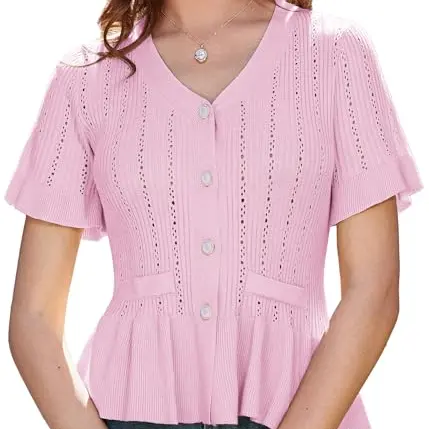 GRACE KARIN Damen Strickjacke Kurzarm V-Ausschnitt Gerüschter Saum Hohlmuster Rosa L