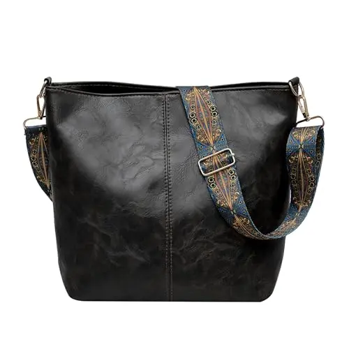 Namenand Damen Umhängetasche aus Leder - Moderne Crossbody Bag mit Breitem Gurt - Schwarz