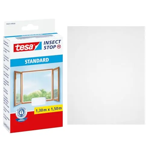 tesa INSECT STOP Fliegengitter für Fenster, zuschneidbar, ohne Bohren, 130 x 150 cm, Weiß