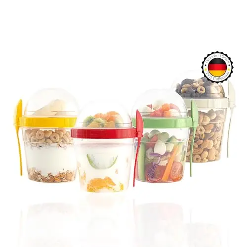 TYA Müslibecher to go 4er Set 500 ml mit Deckel und Löffel für Frühstück und Snacks