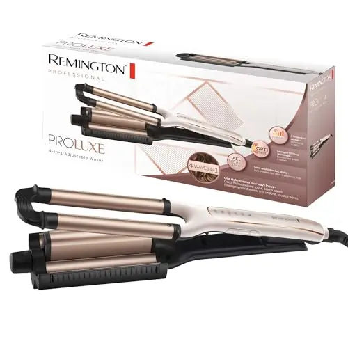 Remington ProLuxe 4-in-1 Welleneisen, Lockenstab & Multistyler, Wasserwellen, Kreppeisen, Digital, bis 210°C, Weiß