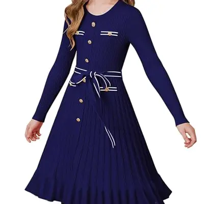 GRACE KARIN Mädchen Strickkleid, A-Linie, Langarm, Hochzeitsgast, mit Gürtel, Zopfmuster, Herbst/Winter, Marineblau, 8 Jahre