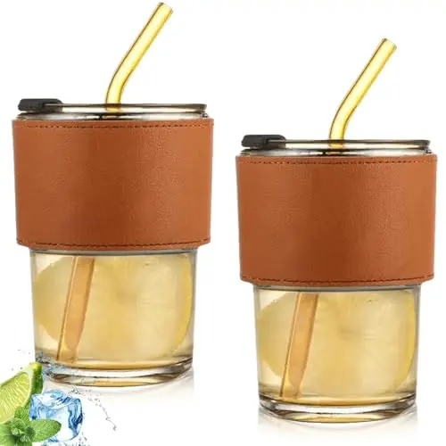 GOMETY 2 Stück 400ml Gläserbecher mit Deckel und Trinkhalm, luftdicht, für Smoothies, Cappuccino, Tee und Saft (Amber)