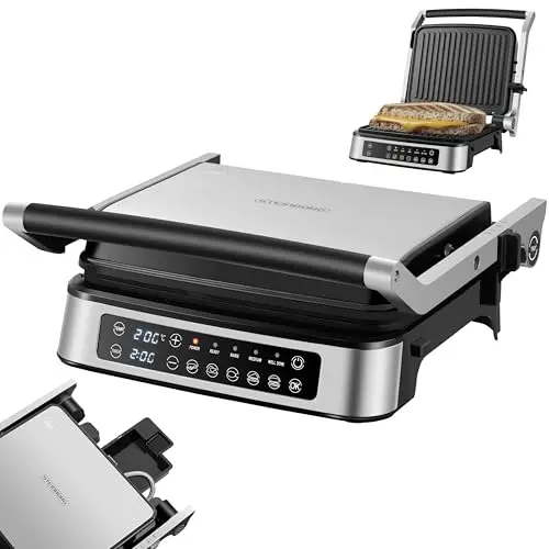 Steinborg® Kontaktgrill mit abnehmbaren Platten – Elektrischer Tisch- und Paninigrill, 180° aufklappbar, spülmaschinengeeignet, Temperatur- & Timeranzeige