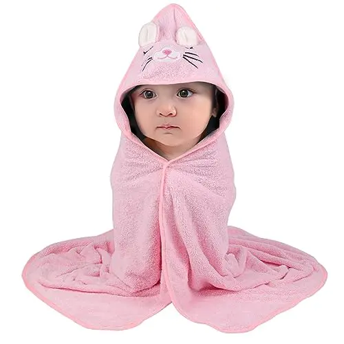 Kapuzenhandtuch Baby Rosa 80x80cm - Weiches, schnelltrocknendes Badetuch für Babys (Katze-Stil)