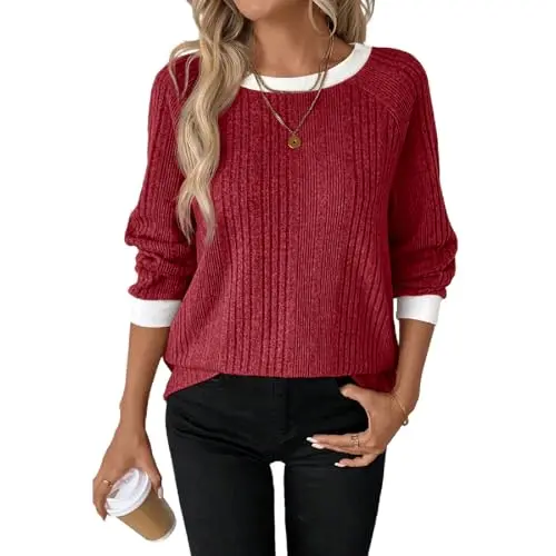 Damen Pullover Elegant Herbst Winter Langarm Rundhals Casual Locker in Rotwein