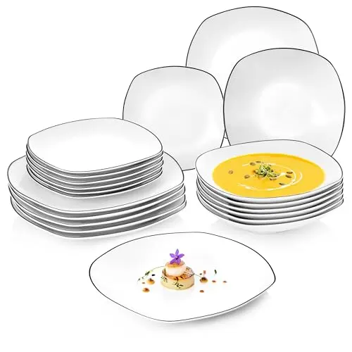 SÄNGER Teller Set Bilgola Black Rim 18-tlg. für 6 Personen - Spülmaschinenfestes Porzellan Geschirrset mit flachen und tiefen Tellern