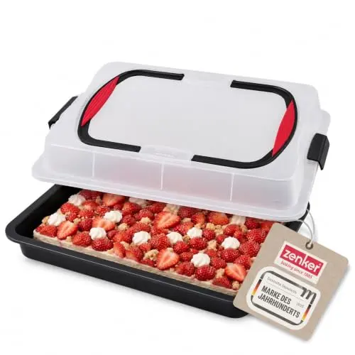 Zenker Blechkuchen-Container to go mit Transport-Abdeckung, Antihaft-Backform mit Deckel und Softgriffen (Kuchenform: ca.425x295x75 mm), 1 Stück