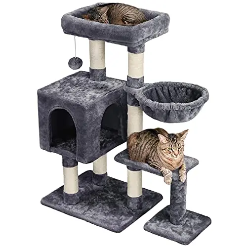 Yaheetech Katzenbaum 96 cm hoch mit Sisal und Plüsch, Kletterbaum mit Höhle und Korb, Dunkelgrau