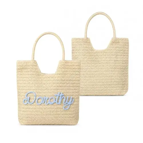 Personalisierte Strandtasche aus Stroh mit Vornamen, Reißverschluss, große geflochtene Einkaufstasche für Urlaub, Schwimmbad und Strand