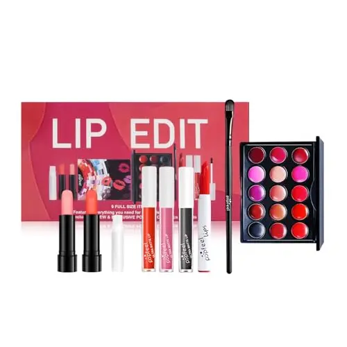 Lippen Make-up Geschenkset mit 15 Farben, Lip Gloss, Lippenstift und Kosmetik für Frauen und Mädchen