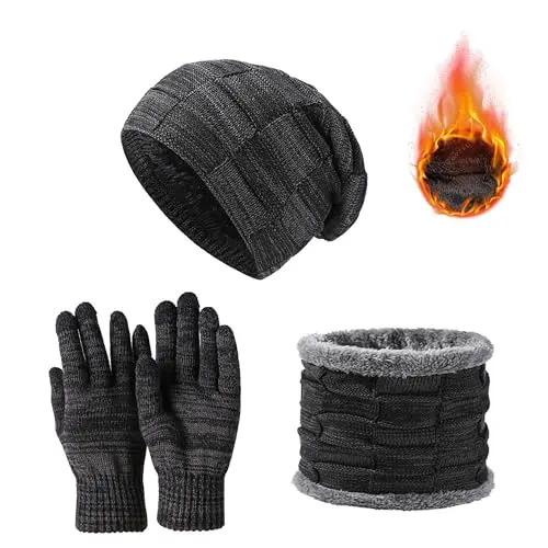 JXCTNNU 3-in-1 Wintermütze, Schal & Handschuh-Set unisex, Thermo, Touchscreen geeignet, Verdicktes Set für Herren & Damen (Schwarz)