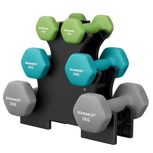 SONGMICS Kurzhantel Set mit Hantelständer, 6 Gewichte (1-3 kg), mattes Finish, Neopren-Beschichtung, für Zuhause, limettengrün und aquamarin