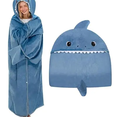 SQEQE Hai Hoodie Decke mit Kapuze und Handschuhen, Cartoon Sofadecke, für Damen und Herren, 150x130cm