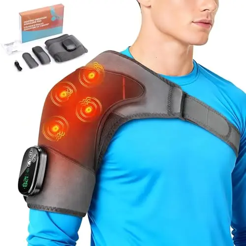 Schulter-Massagegerät mit Wärme & Vibration, kabellose, beheizte Schultermassage, 5 Vibrations- & Heizstufen, 3-Gang-Timer, fürs Zuhause & Büro
