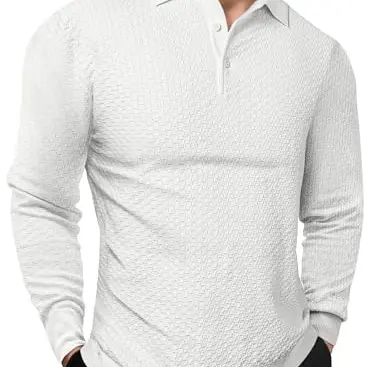 Elegancity Herren Langarm Poloshirt Einfarbig Casual Golf T-Shirt Weiß M