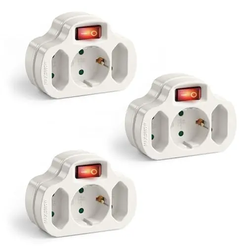3er Set Steckdosenadapter mit An/Aus Schalter, 1x Typ C, 2x Eurosteckdose, 16A