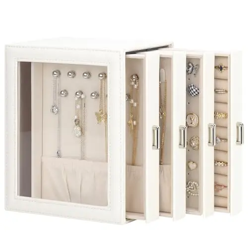 DesignSter Schmuckkästchen für Damen, PU Schmuckbox mit 4 Schubladen, Beige