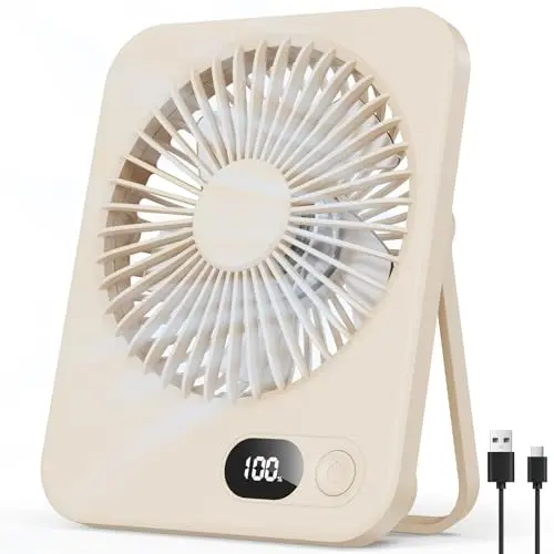 Kleiner USB Tischventilator, 5 Stufen, 180° verstellbar, Ultra-slim, bis zu 8 Std. Laufzeit, tragbar für Büro & Reisen, Beige