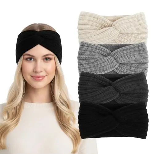 4 Stück Damen Strick Stirnband für den Winter, elastisches Ohrwärmer Kopfband