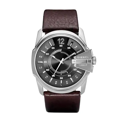 Diesel Herrenuhr Master Chief, 46mm Silber, Edelstahlgehäuse mit Lederarmband